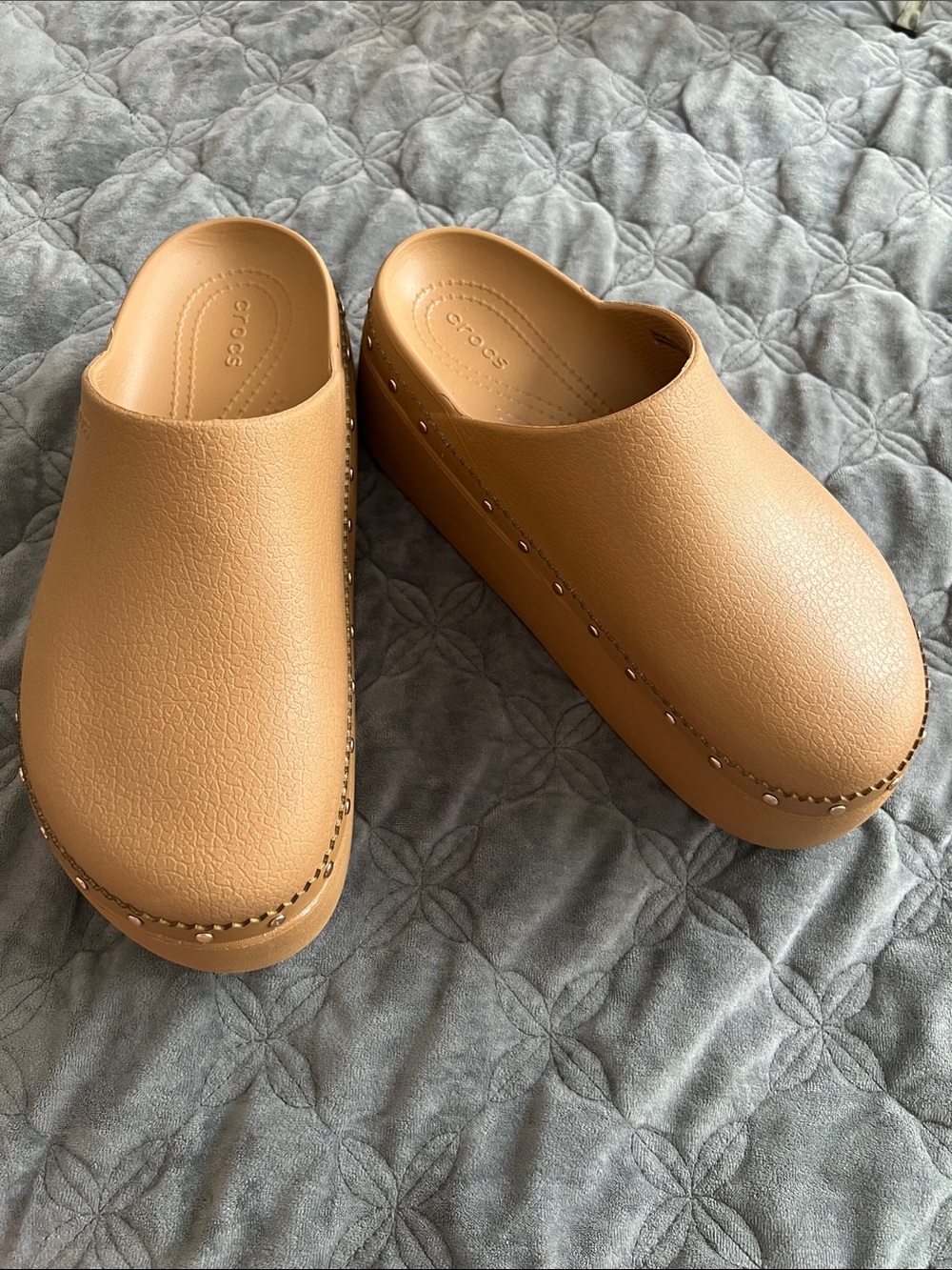 CROCS Dylan Studded Slip-On Platform Clog in Tan